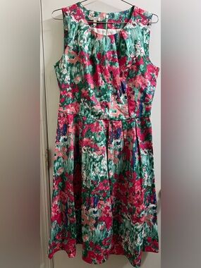 Talbots Fit & Flare Dress Size 10 Pink Green Watercolor Floral Pleated Cotton